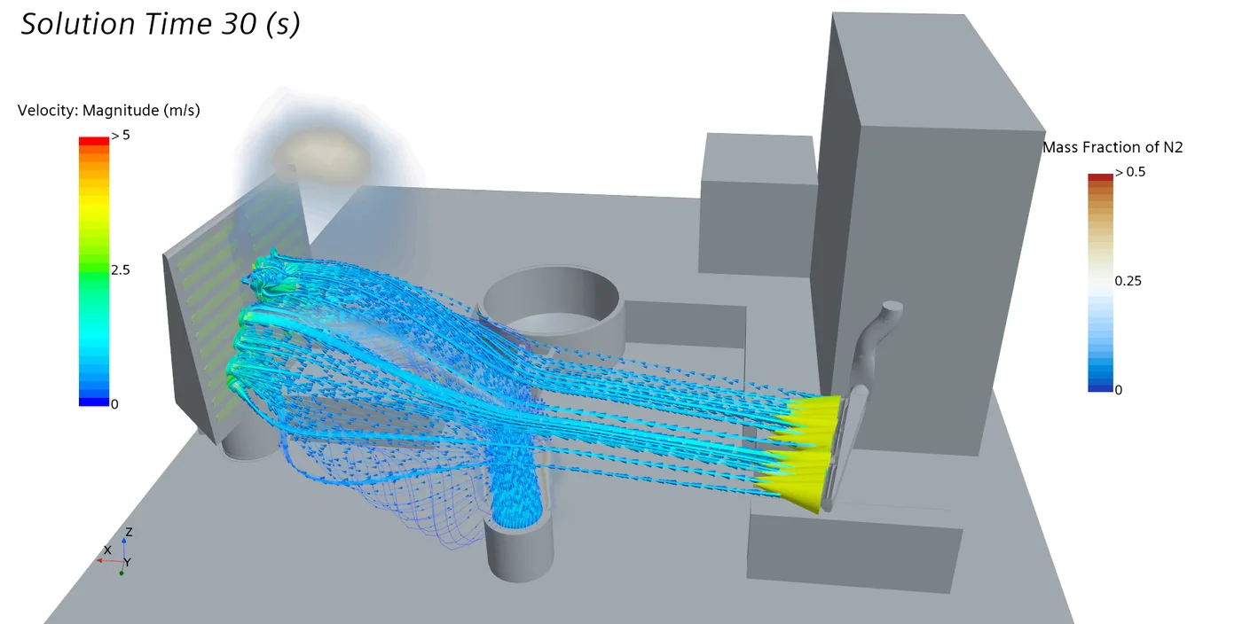 Velocity streamlines from the air knife to the suction hood