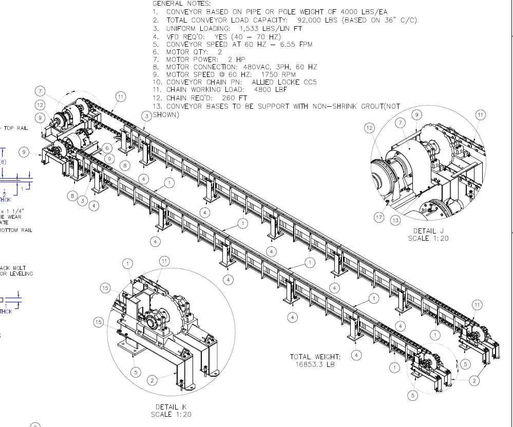 Isometric shop drawing of a chain conveyor with general notes and section details