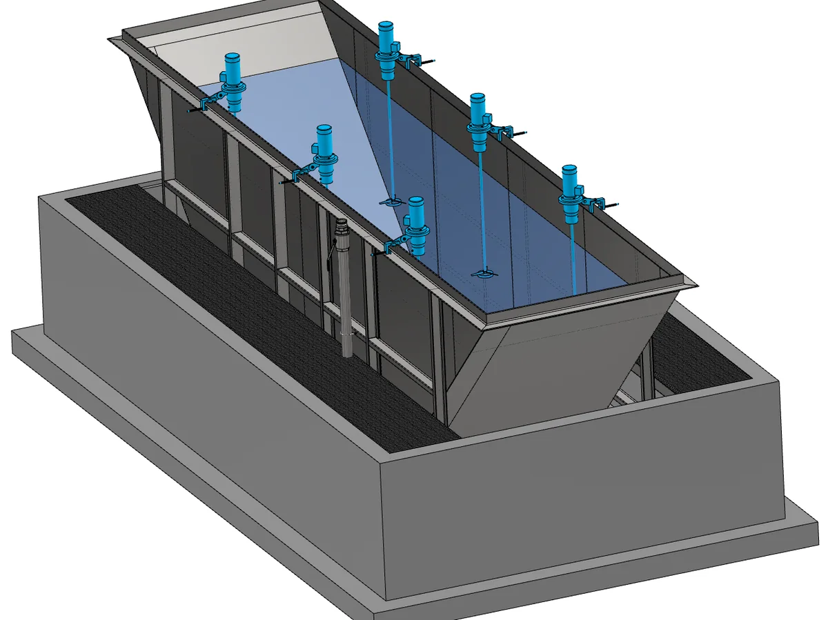 Fabricated dip tank with lift frame and sump, modeled for fit-up before fabrication