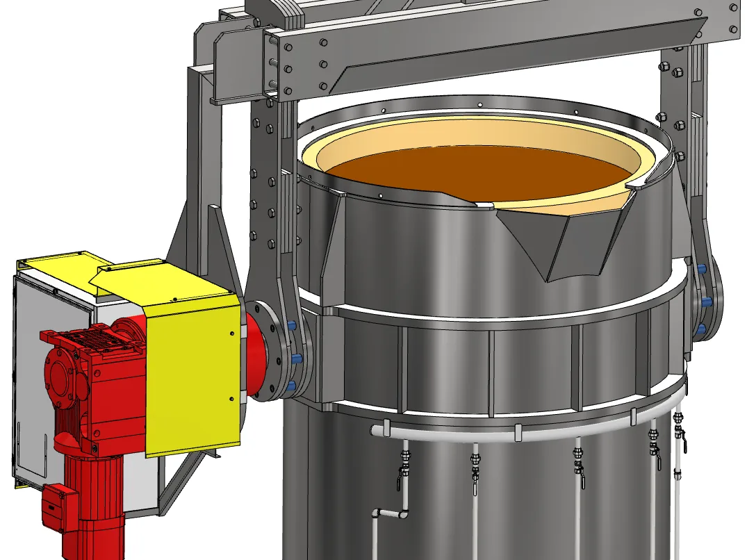 Hot metal ladle with geared tilt drive, bail and trunnions, modeled in 3D