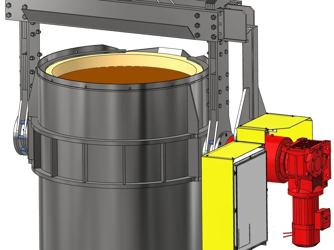 Custom hot metal ladle with lifting bail and tilt gear, designed and detailed in 3D