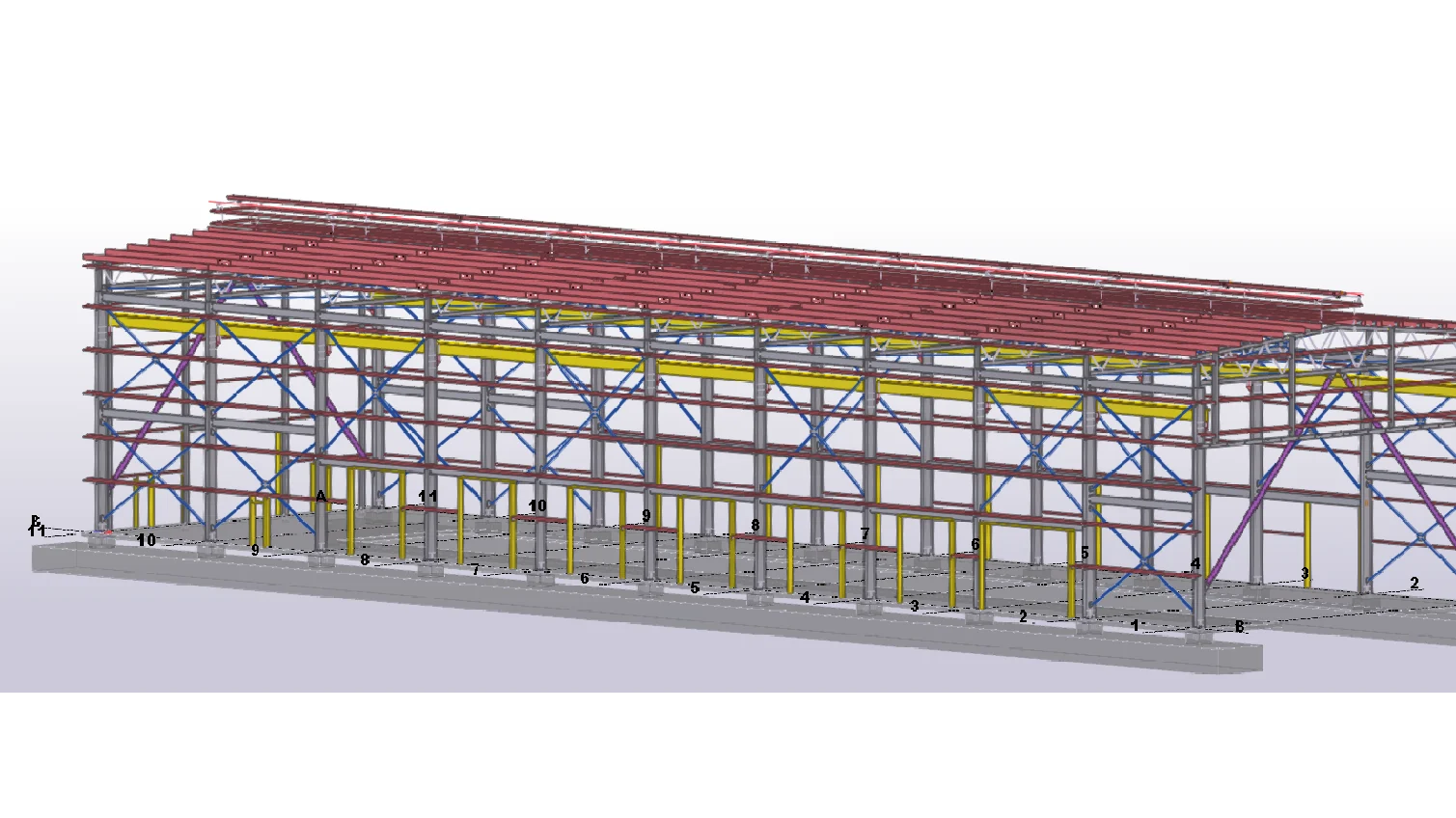 Tekla Structures model of a mill building: columns, girts, roof purlins, crane girders and X-bracing on numbered grid lines