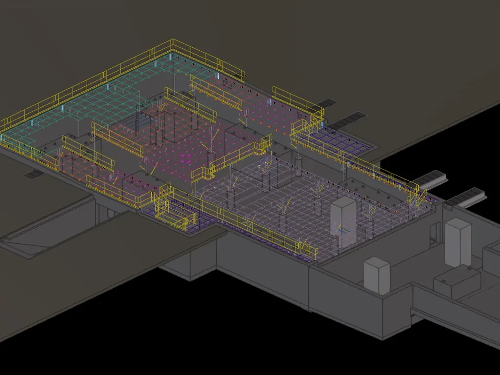 Steel equipment platform with handrail, stairs and grating, modeled in Tekla Structures