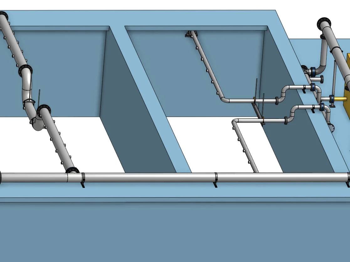 Routed yard piping with pipe supports and anchors modeled in context