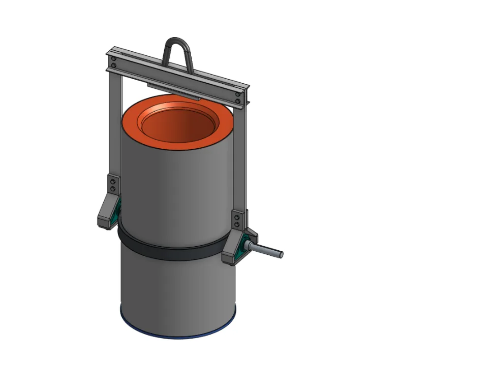 Hot metal ladle with bail and trunnion hooks, modeled as one lifting assembly