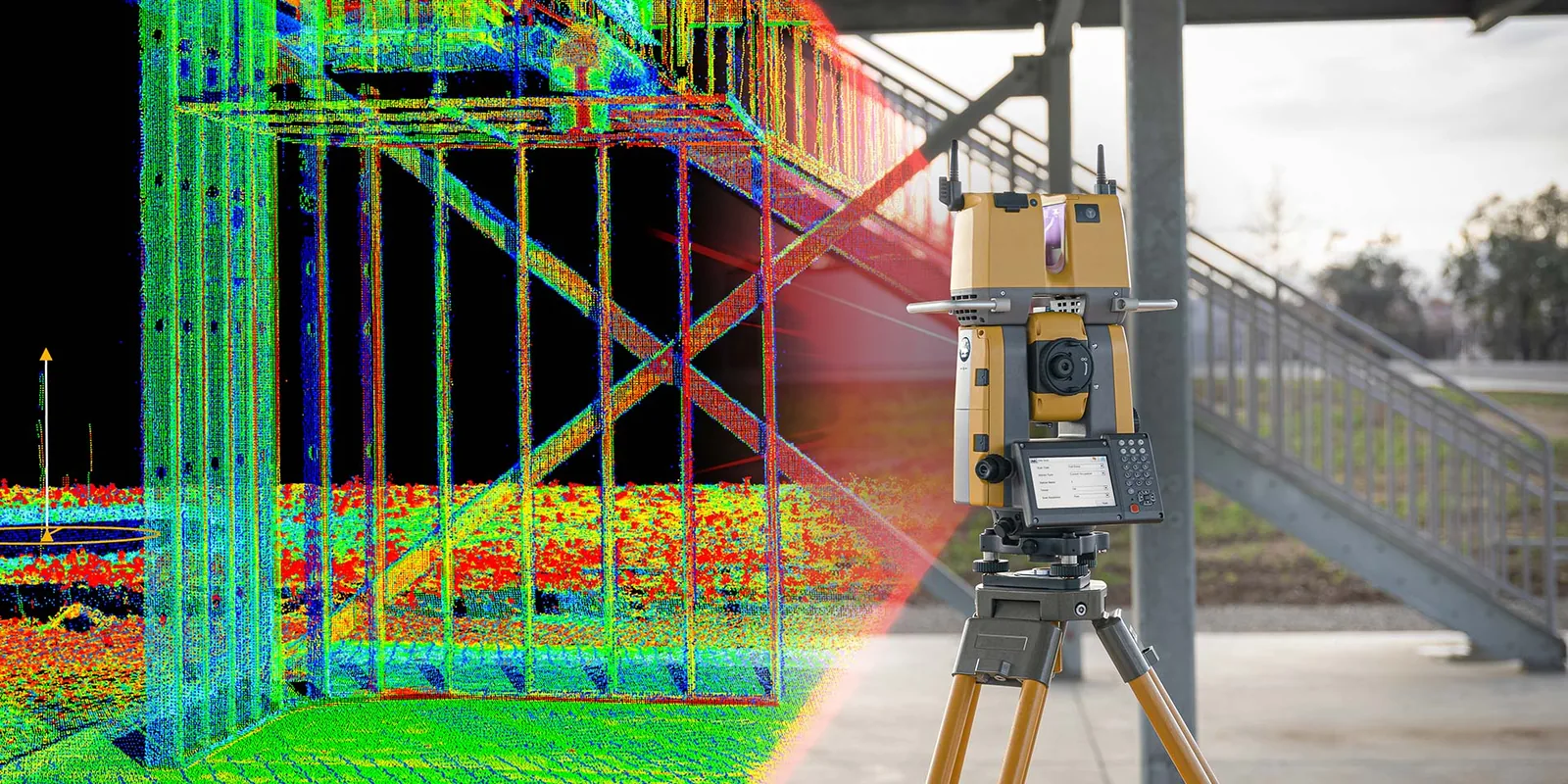 Terrestrial laser scanner capturing a steel structure, with colorized point cloud overlay