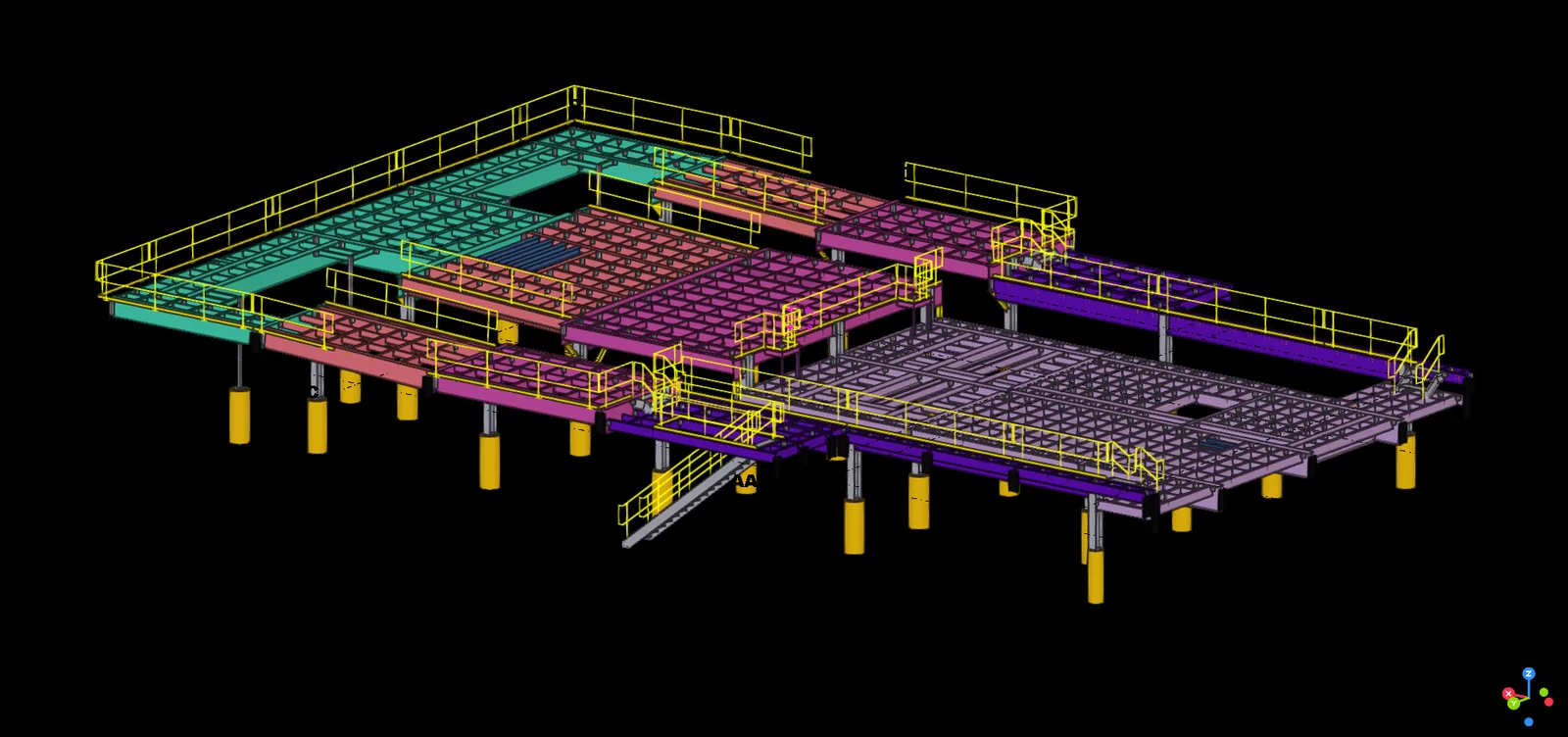3D structural model of an equipment platform with handrails and stair access